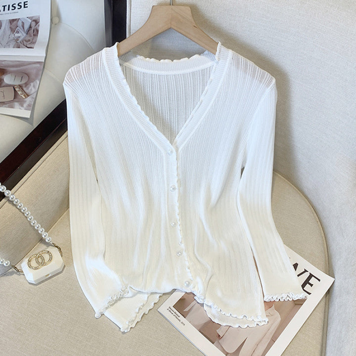 Summer Knitted Thin Outerwear Shawl Womens Long-Sleeve Short Sun-Protective Jacket - cas7m