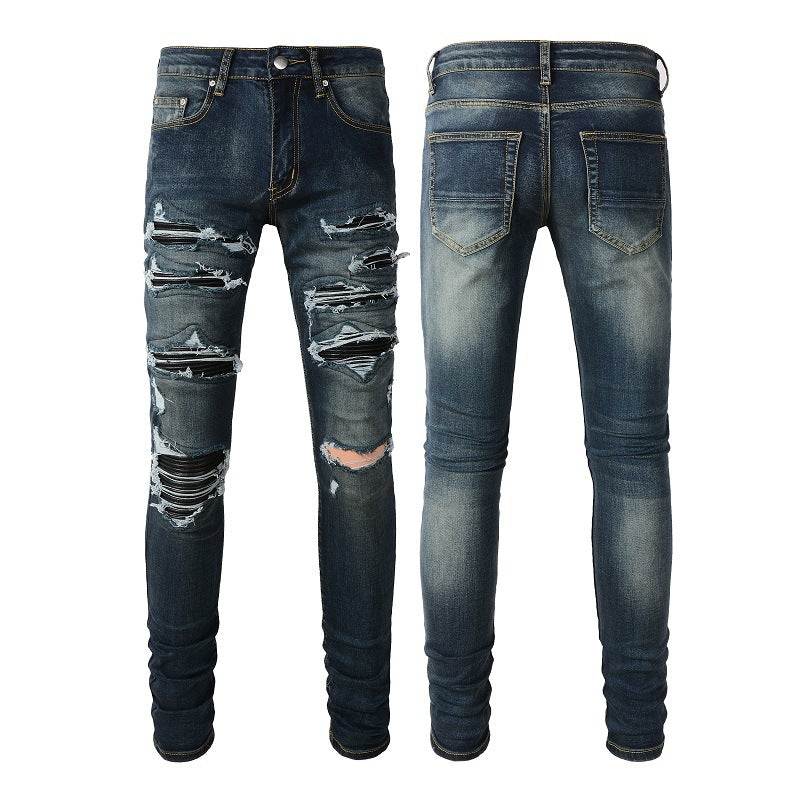 High Street Blue Ripped Leather Patchwork Men's Jeans - cas7m