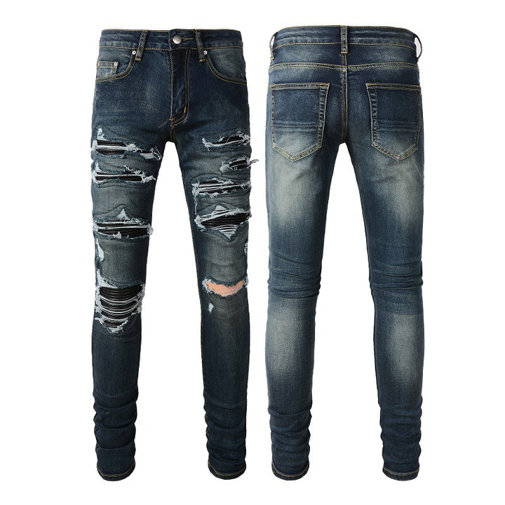 High Street Blue Ripped Leather Patchwork Men's Jeans - cas7m