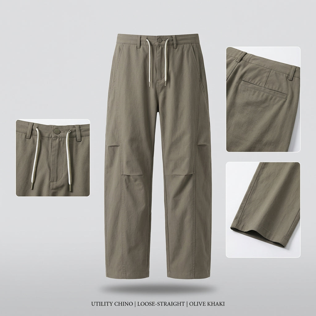 Person wearing loose straight pants with text describing the fit and characteristics on a light gray background.