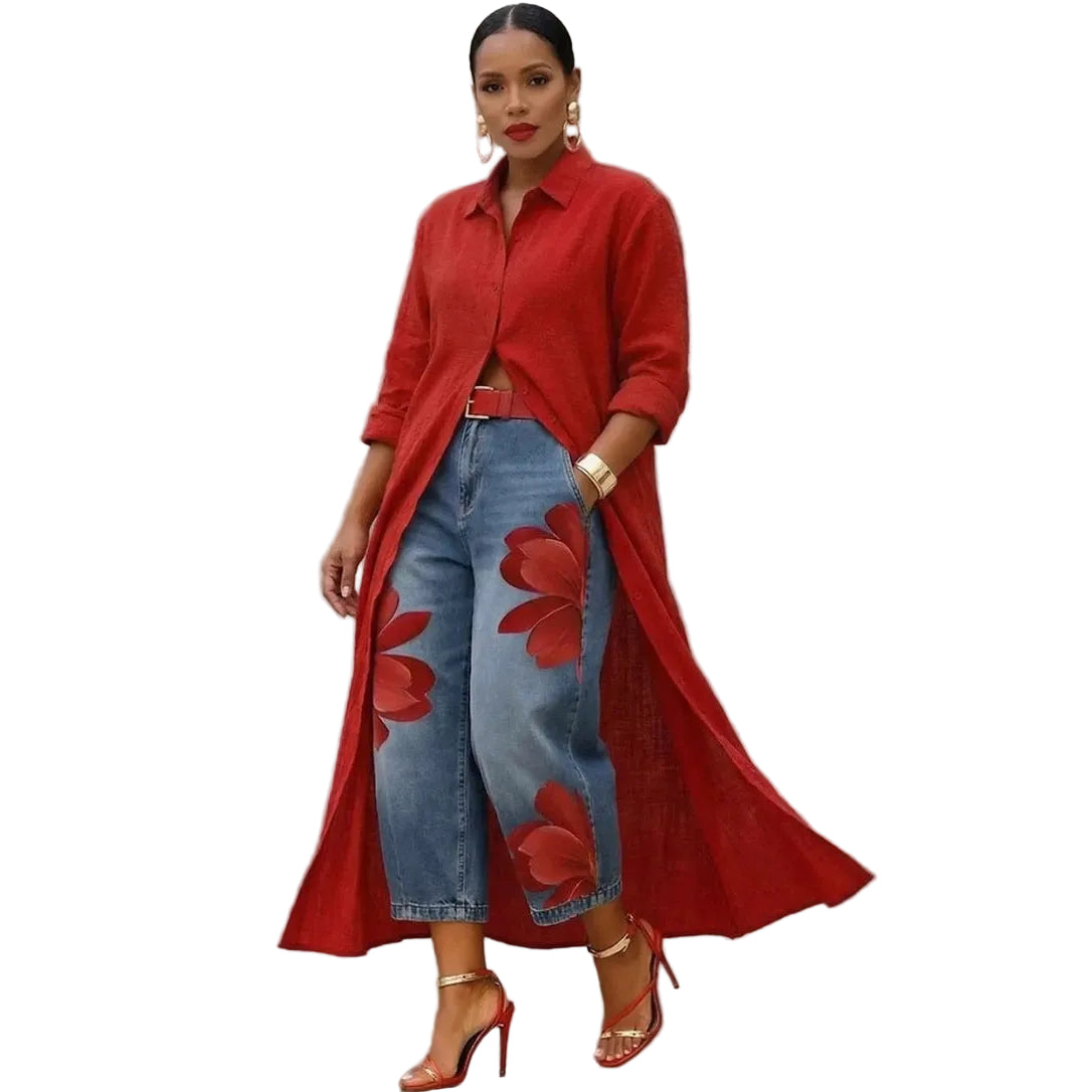 Women's Floral Denim Pants Street Style Printed Design Cropped Jeans