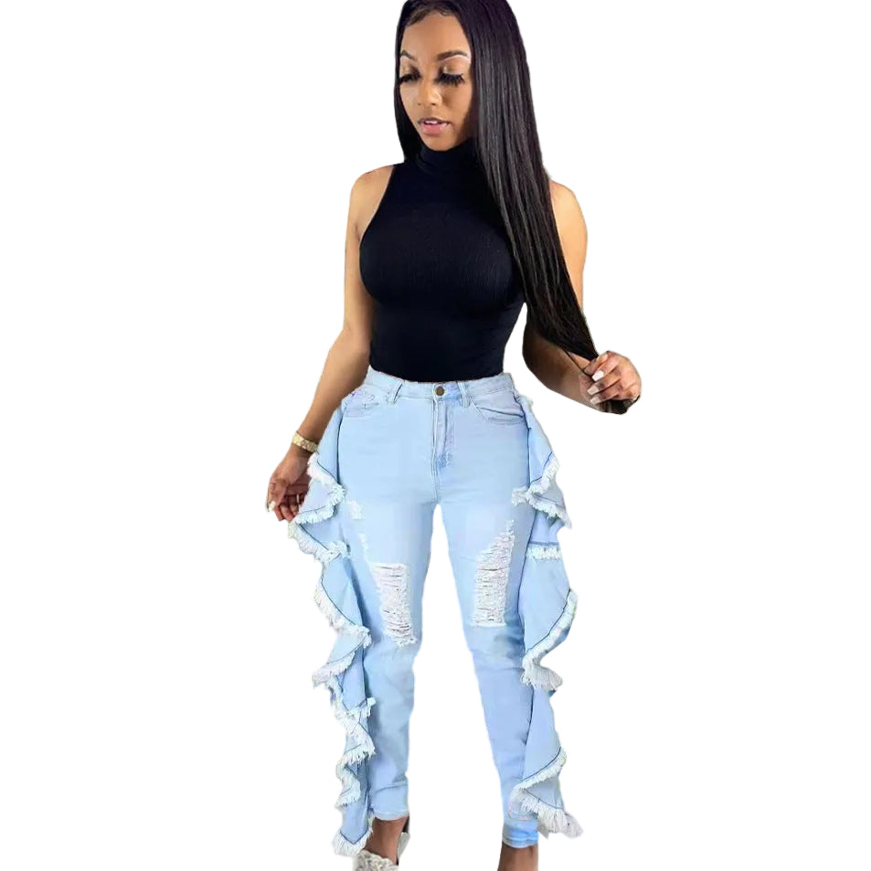 Women's jeans, street casual, handmade distressed side ruffle slim stretch pants