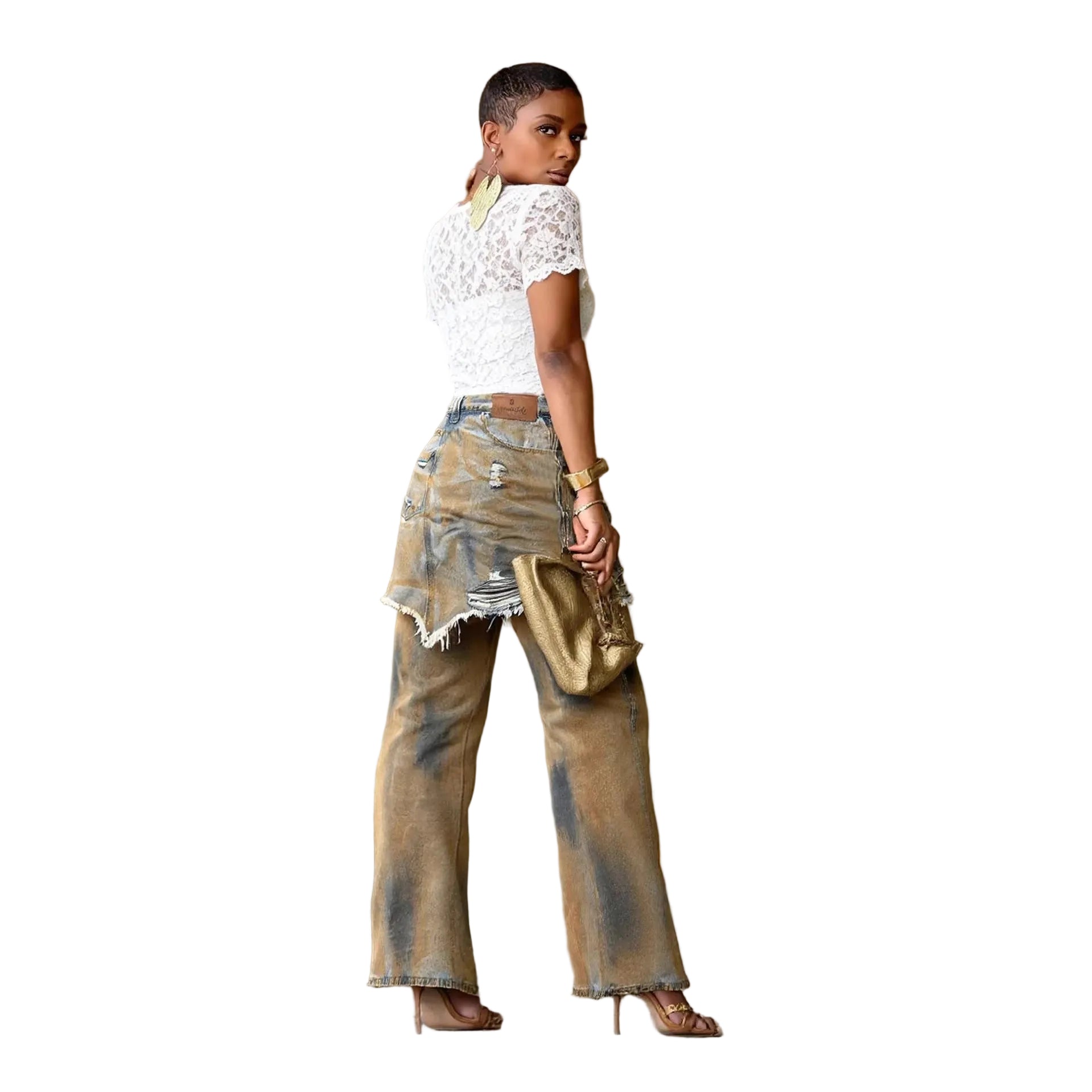 Vintage Distressed Faux Two-Piece Irregular Ripped Raw Edge Denim Pants