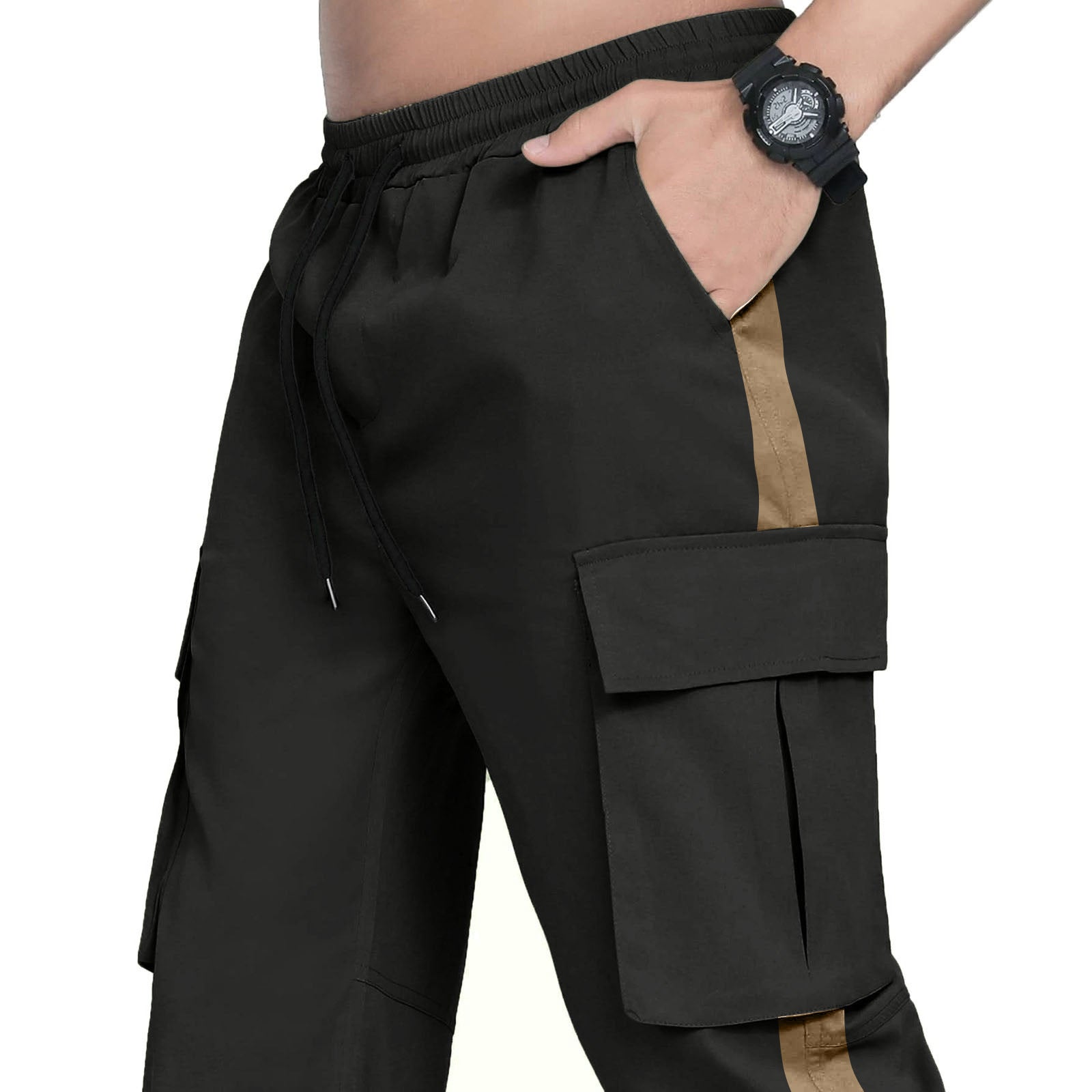 Men's Fashion Casual Drawstring Drawstring Pocket Color Blocking Pants - cas7m