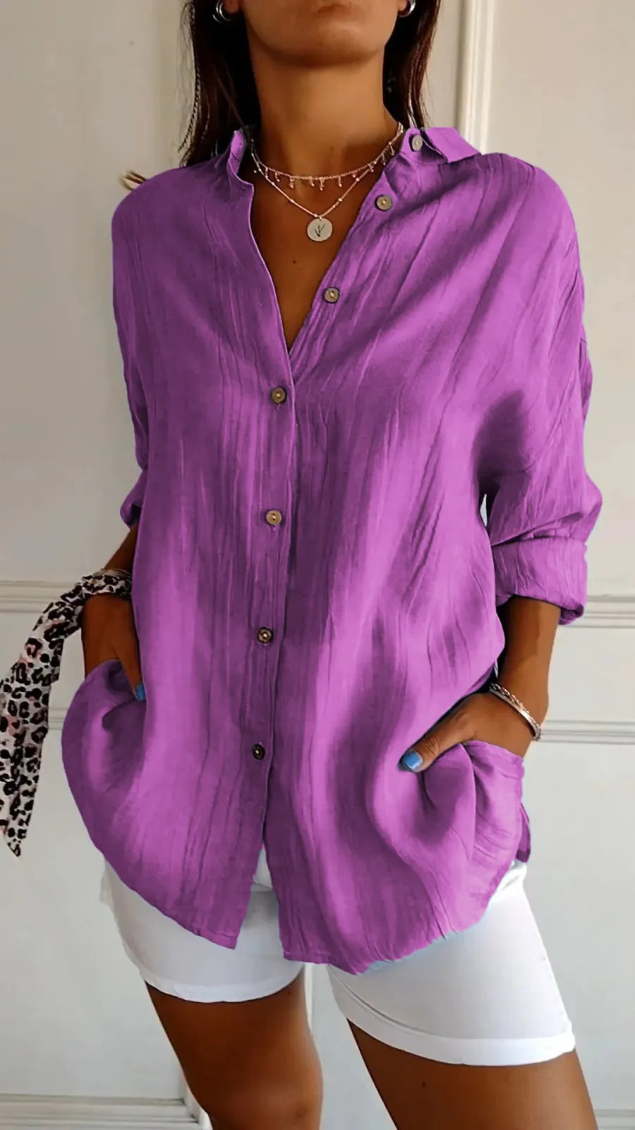 Lapel Long Sleeve Shirt Women's Single-breasted Pleated Shirt Tops Clothing - cas7m