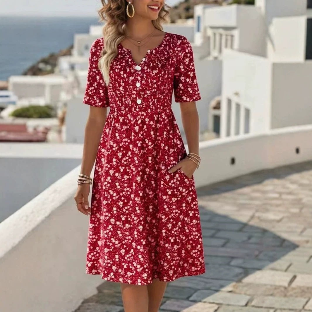 Womens Floral Print V-Neck Midi Dress With Short Sleeves - cas7m