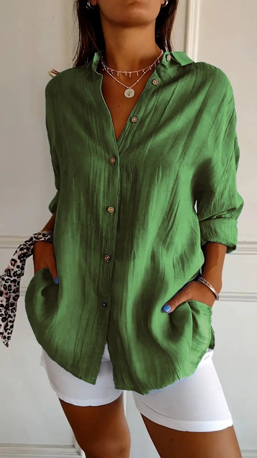 Lapel Long Sleeve Shirt Women's Single-breasted Pleated Shirt Tops Clothing - cas7m