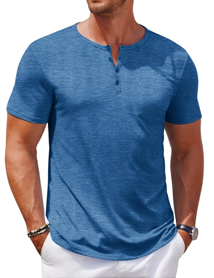 Man wearing a blue short-sleeve henley shirt on a white background