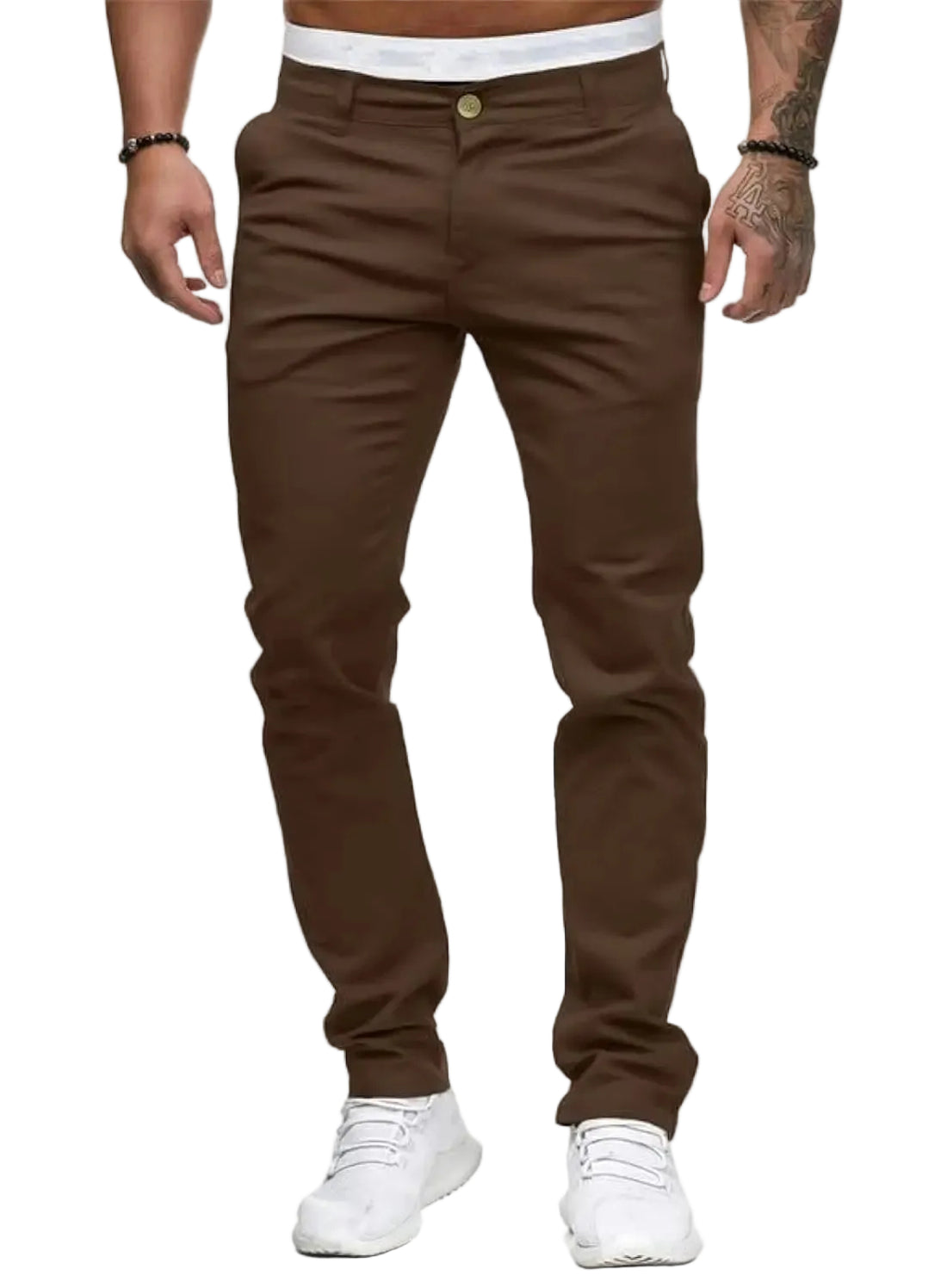 Brown pants worn by a person on a white background
