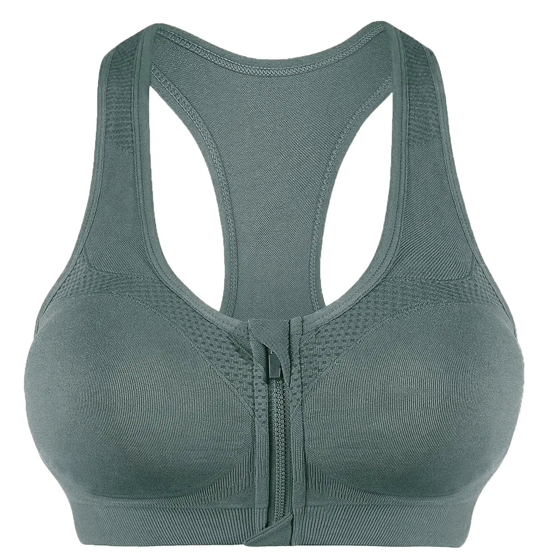 A sage green seamless bralette with a front zipper, shown from the back view against a plain white background.