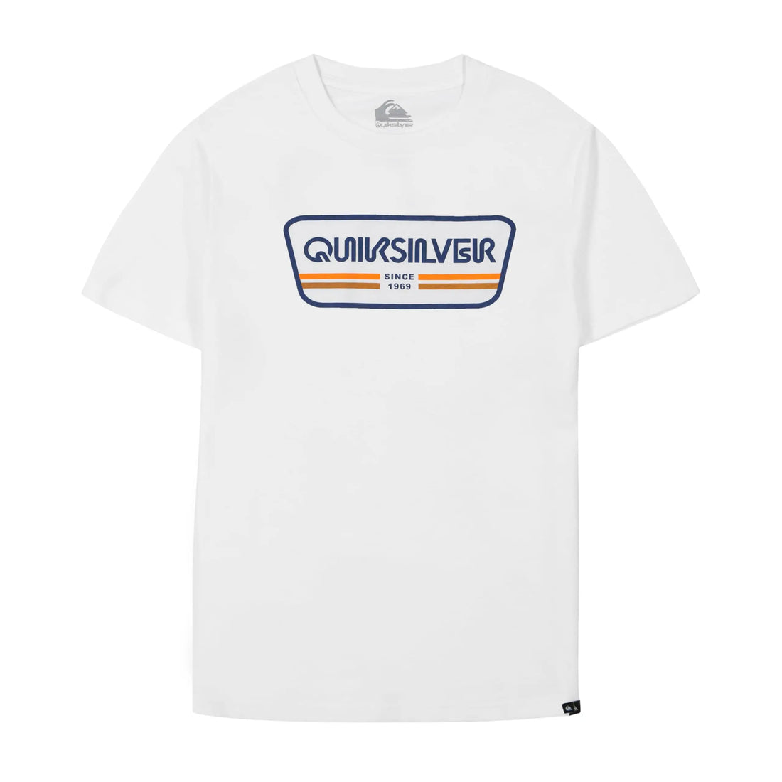 A white short-sleeve crewneck t-shirt featuring a retro-style Quiksilver chest graphic with navy blue and orange stripes.