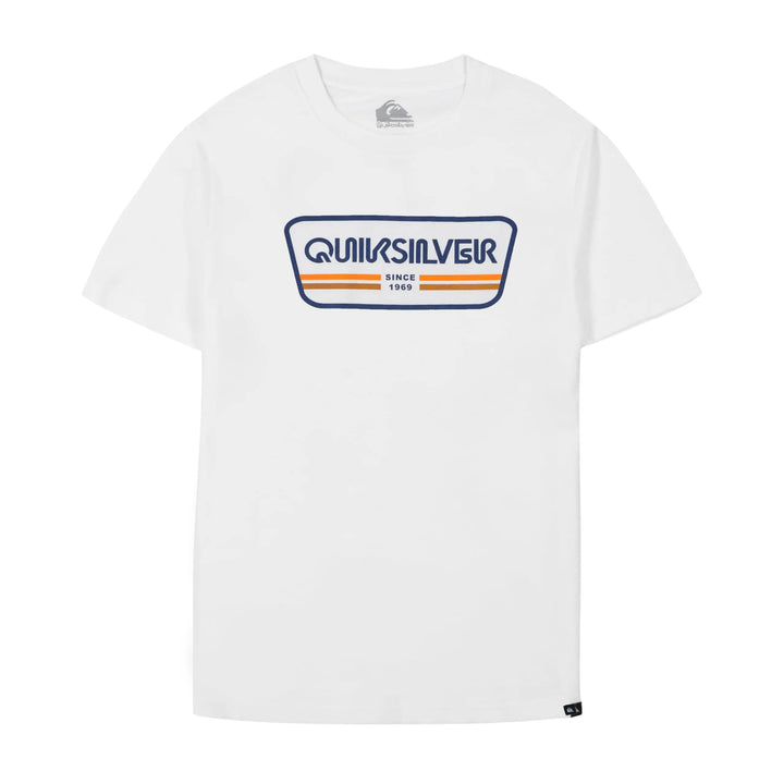 A white short-sleeve crewneck t-shirt featuring a retro-style Quiksilver chest graphic with navy blue and orange stripes.
