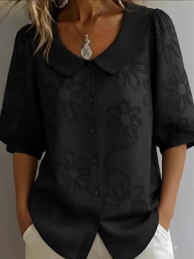 Loose-fit Retro Buttoned 3D Embroidered Floral Shirt - cas7m