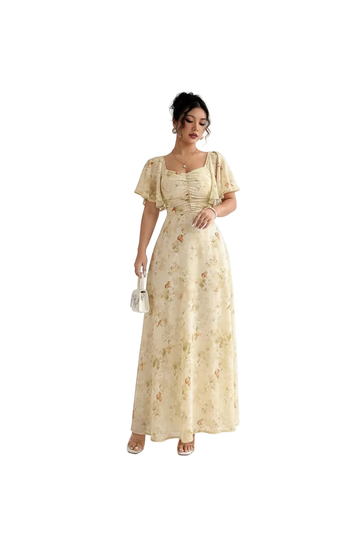 Flowers Printed Lotus Sleeve Dress Summer Elegant Slim Dresses Women's Clothing - cas7m