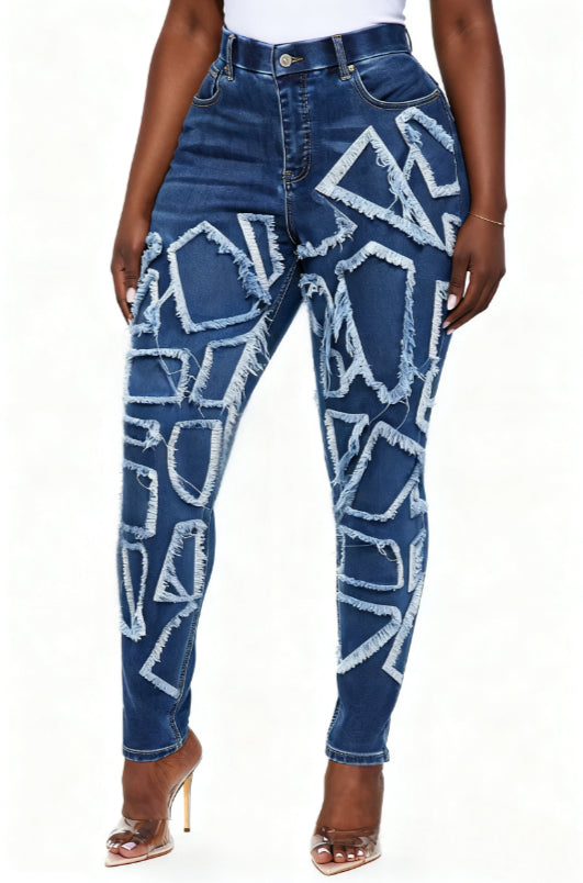 Patchwork Frayed Casual High-waisted Slim-fit Ripped Jeans - cas7m