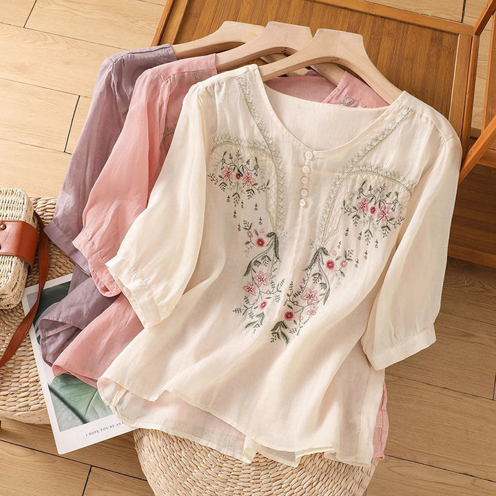 Short Sleeve Top Pullover Embroidered Chinese Women's Loose Slimming And All-matching - cas7m