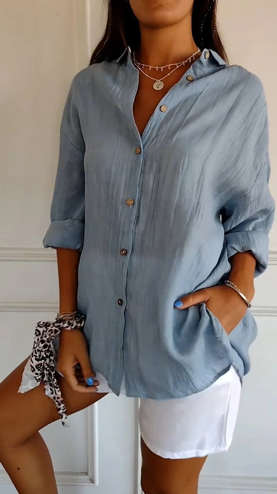 Lapel Long Sleeve Shirt Women's Single-breasted Pleated Shirt Tops Clothing - cas7m