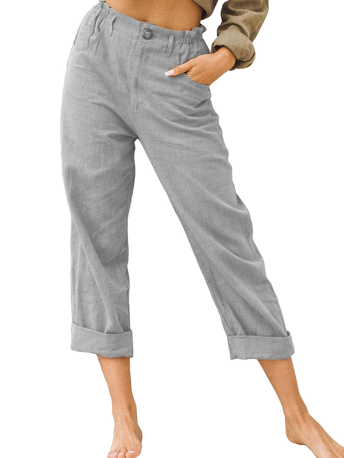 Patchwork Pant Women's Cotton Linen Pants Drawstring Back Elastic Waist Pants Loose Casual Trousers - cas7m