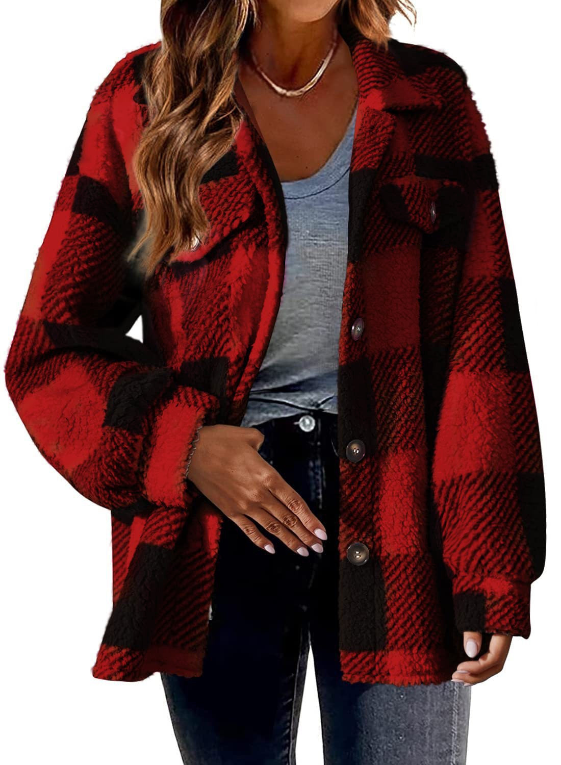 Turndown Collar Plaid Jacket With Pockets Single Breasted Button Down Woolen Jacket Autumn And Winter Clothes For Women - cas7m