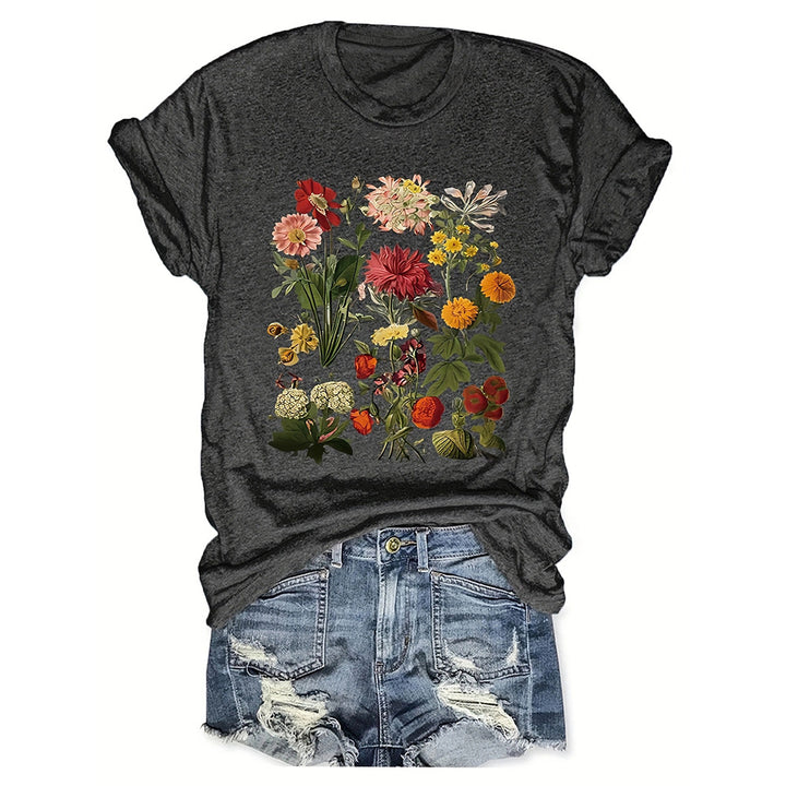 Flower Plant Print Casual Loose Round Neck Short Sleeve - cas7m