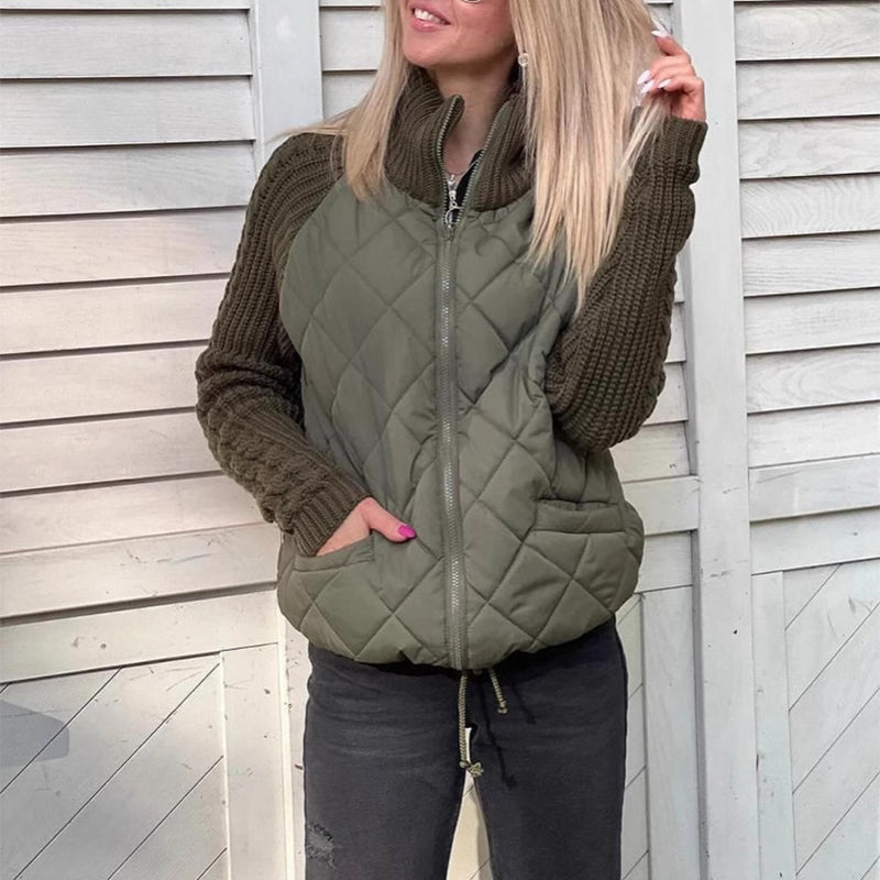 Winter Stand Collar Cotton Jacket With Pockets Fashion Knitted Stitching Zipper Coat Warm Tops For Women Clothing - cas7m