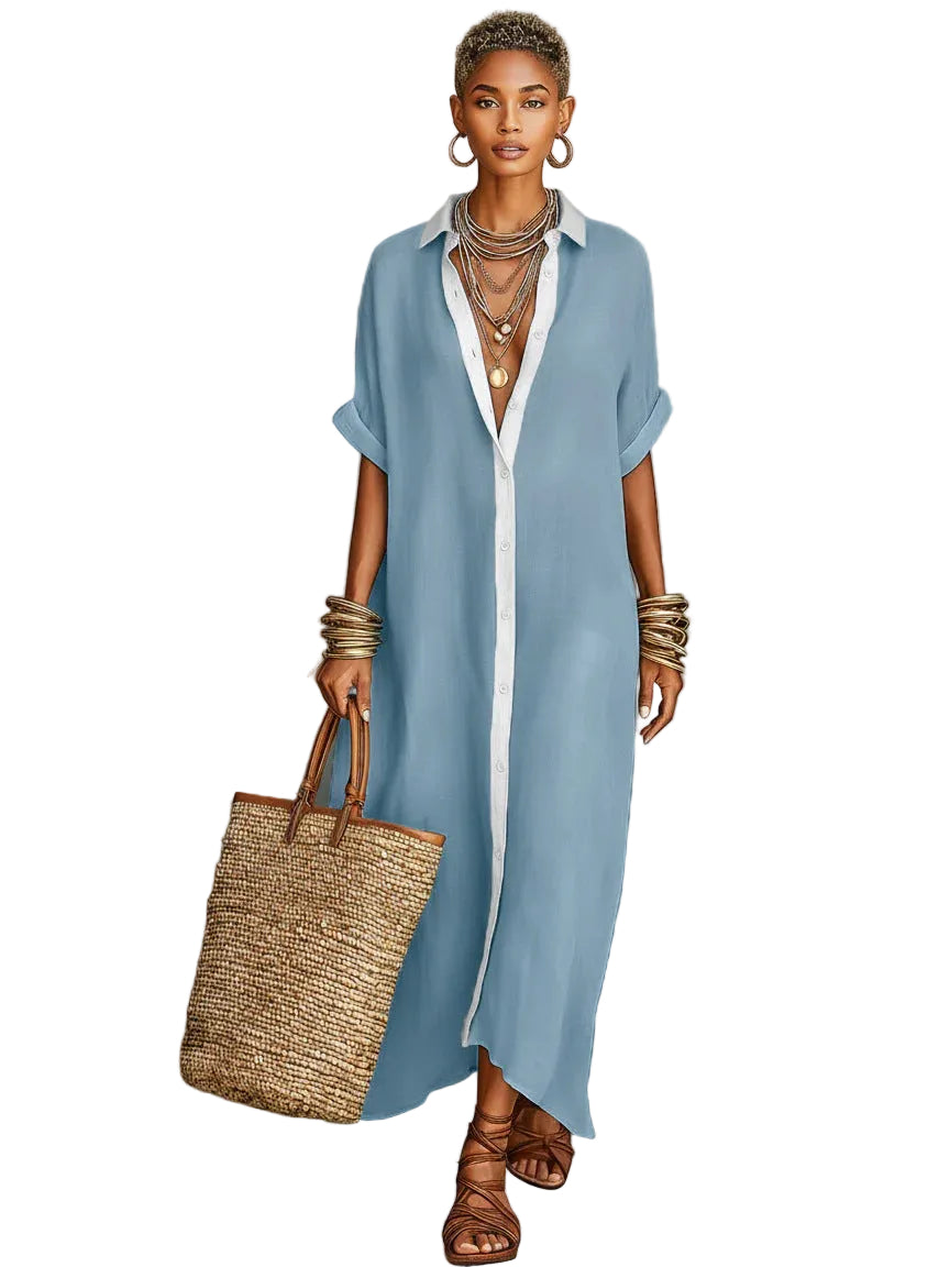 Color-blocked Loose  And Linen Long Dress Fashionable And Casual Dress - cas7m