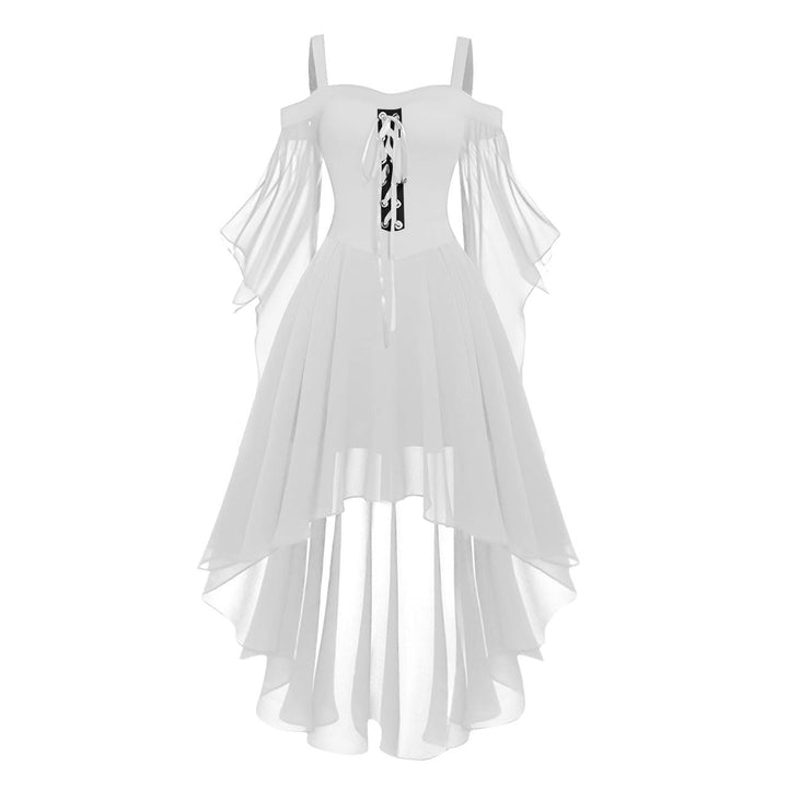 White dress with sheer sleeves and a black design on a white background