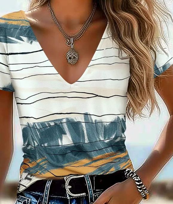 Casual Top Fashion Trend Stripes Short Sleeve Women V-neck - cas7m