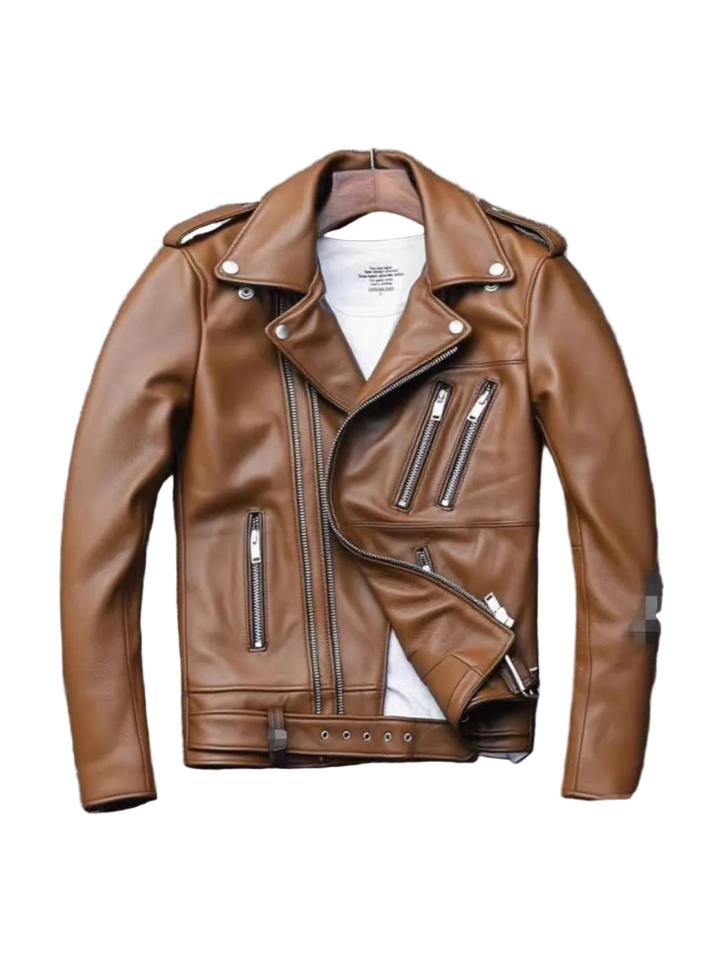 A brown faux leather motorcycle jacket with silver zippers and snap details, displayed on a hanger over a white t-shirt against a gray textured background.