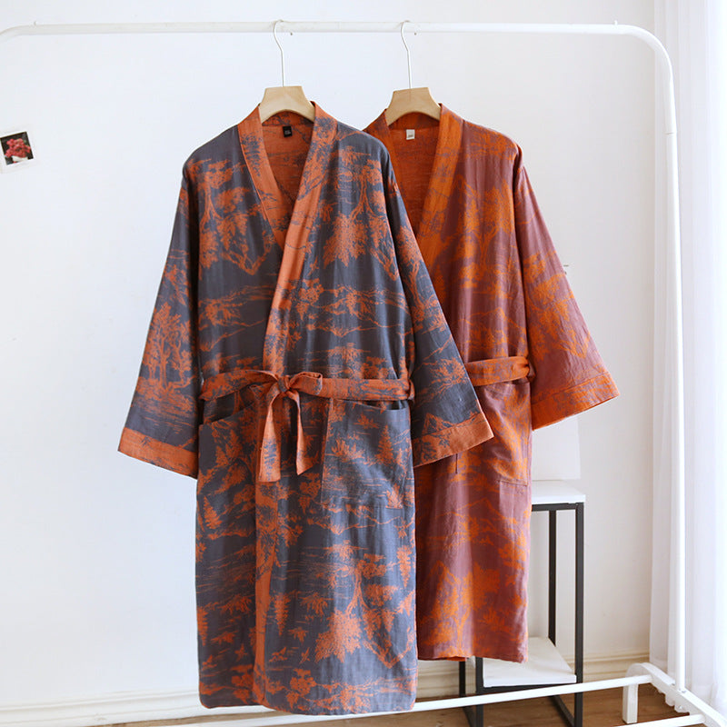Couple Cotton Loose Bathrobe Lace Bathrobe Women's Double Jacquard Pajamas - cas7m