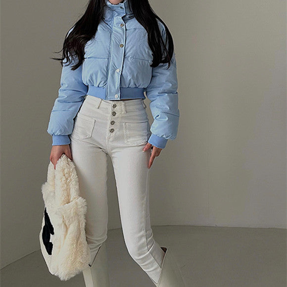 Hot Girl Fashionable Stand Collar Zipper Elastic And Waisted Warm Quilted Jacket Short Cotton Coat Women - cas7m