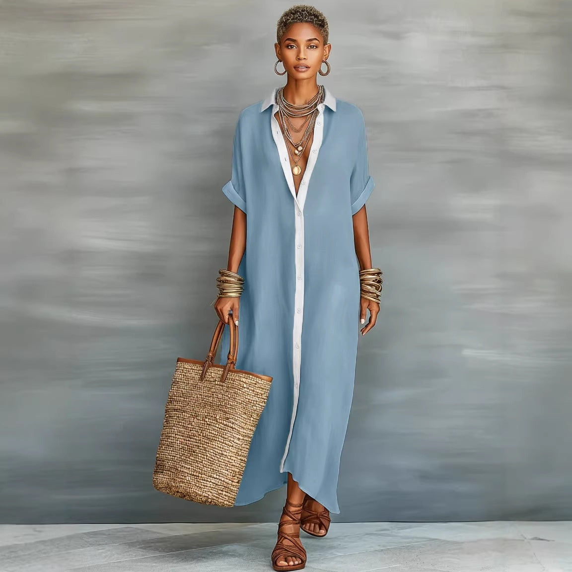 Color-blocked Loose  And Linen Long Dress Fashionable And Casual Dress - cas7m