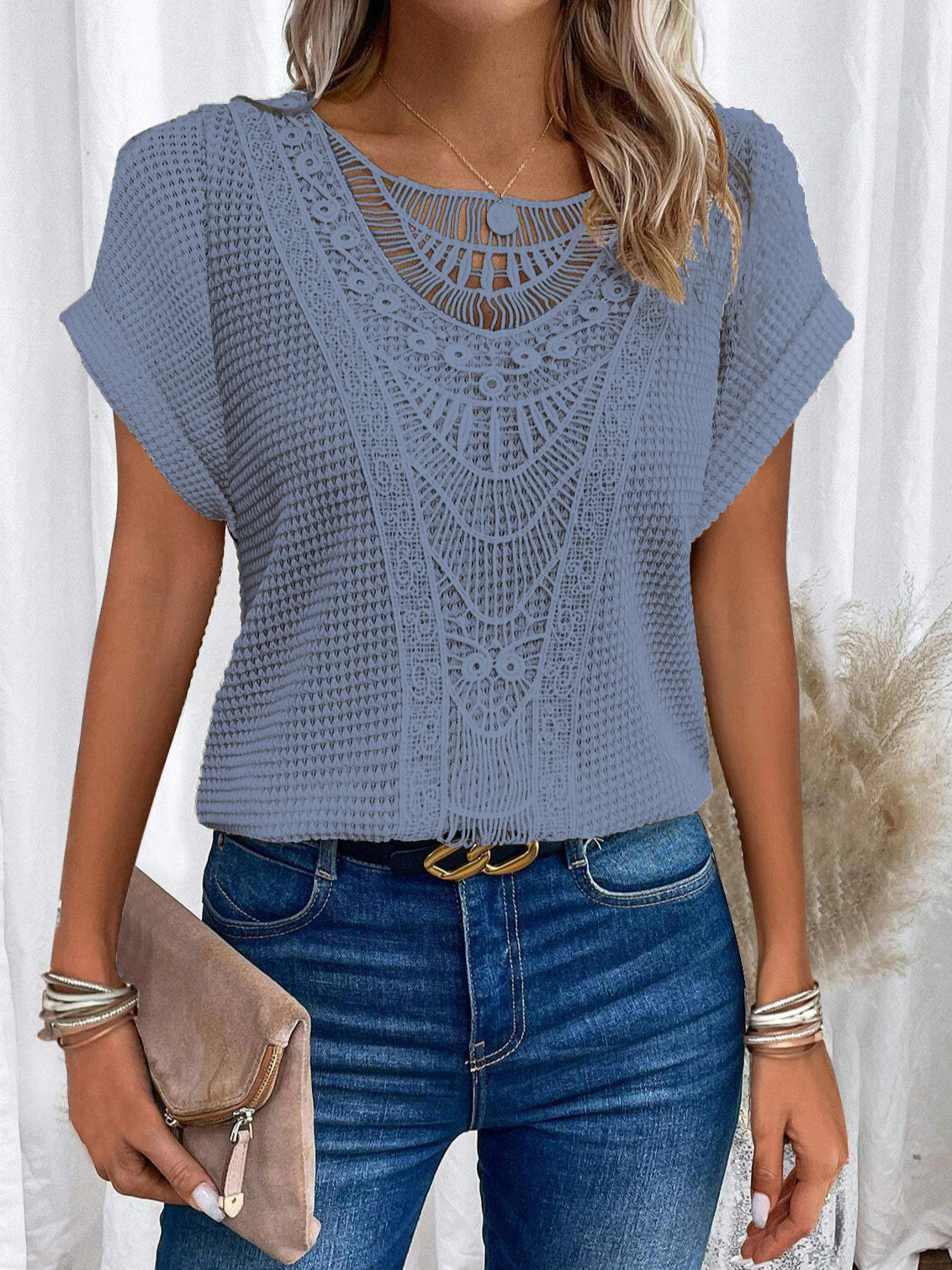 Independent Site Hollowed Lace Patchwork Plus-size Short-sleeve T-shirt Cross-border - cas7m