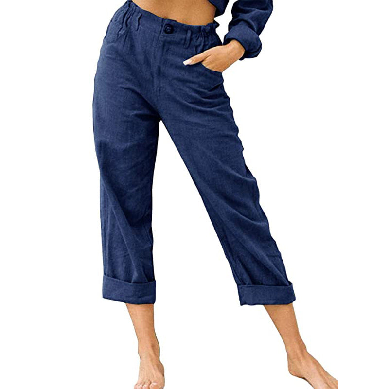 Patchwork Pant Women's Cotton Linen Pants Drawstring Back Elastic Waist Pants Loose Casual Trousers - cas7m