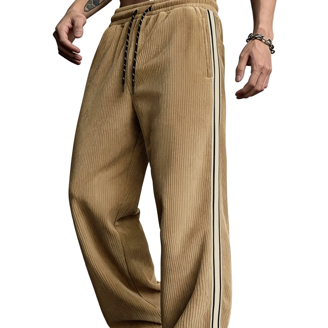 A person wearing loose ribbed corduroy pants in tan/khaki with a black-and-white side stripe and black drawstrings, shown from the waist down against a plain light wall.