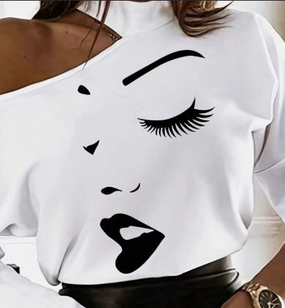 Women's White Long Sleeve T-Shirt With Cartoon Line Pattern & Open Shoulder Design Graphic Tees Women Tops For Spring Outfit - cas7m