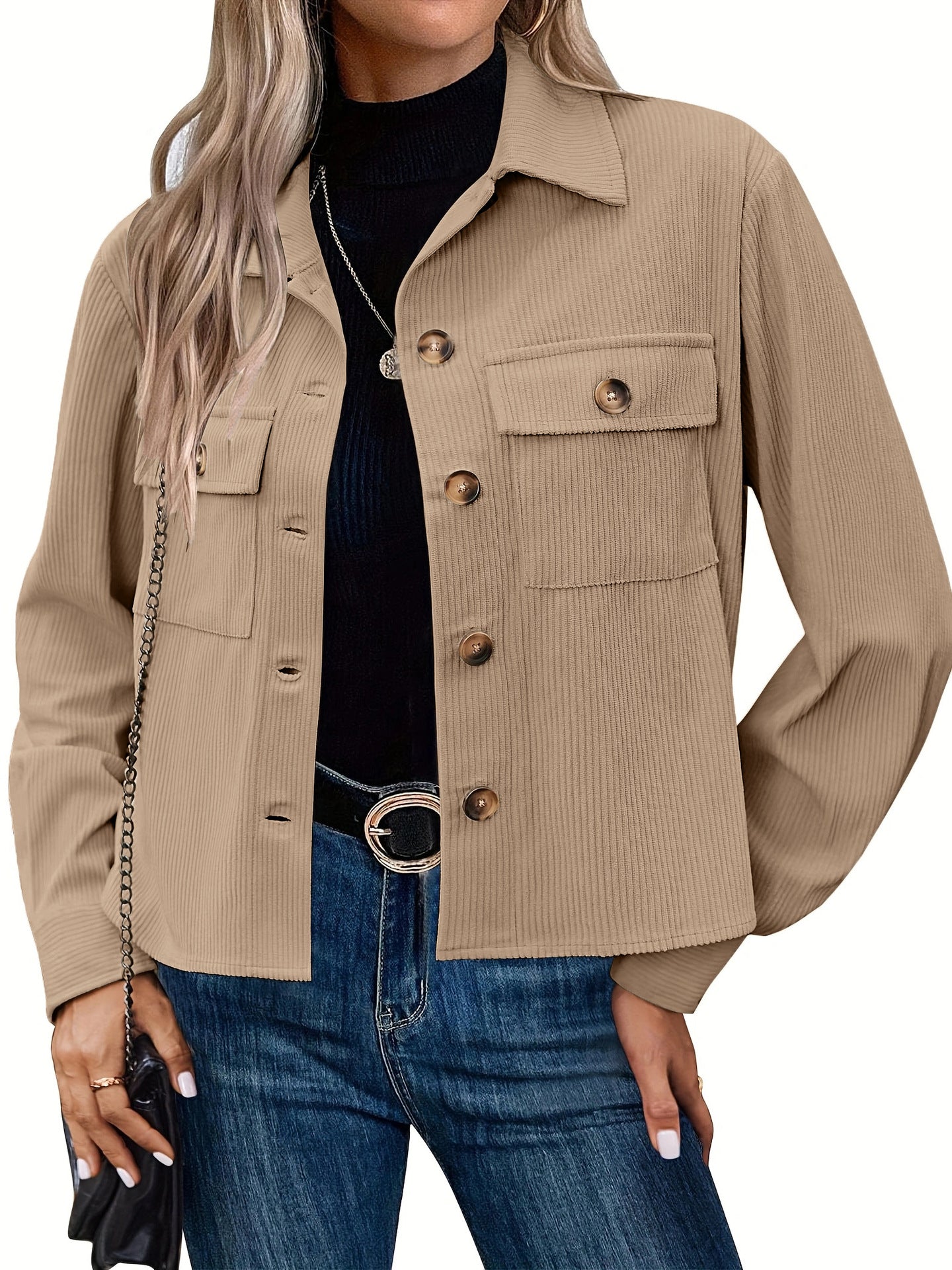 Corduroy Button Cropped Jacket For Women - cas7m