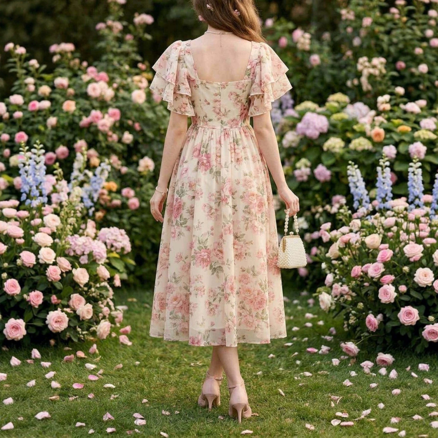 Square-neck Puff-sleeve Floral Print Waist-cinched Midi Dress With A Flared Hem - cas7m