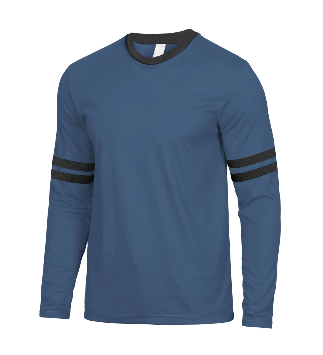 Blue long-sleeve shirt with black accents on a white background