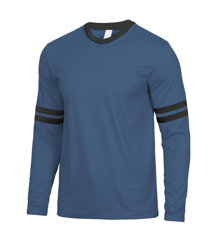 Blue long-sleeve shirt with black accents on a white background