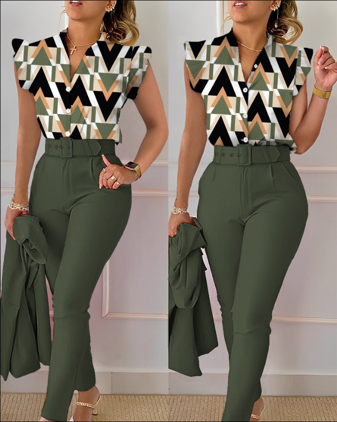 Printed Ruffle Sleeve Top Solid Color Pants Suit With Belt - cas7m