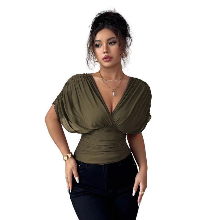 Solid-color Deep V-neck Short-sleeve Waist-cinching Top For Women - cas7m