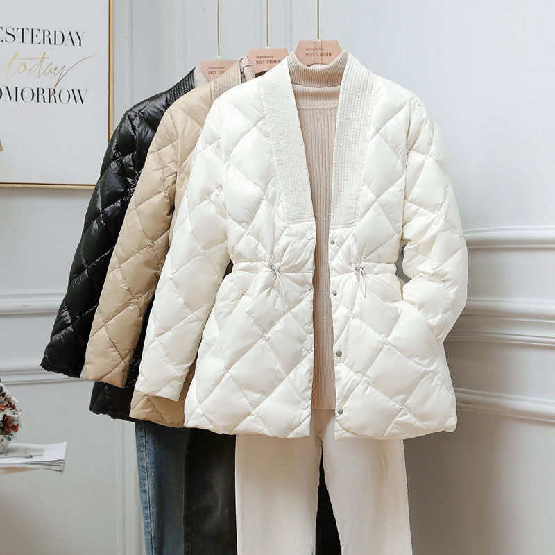 Rhombus Cotton-padded Jacket Women's Mid-length Large V-neck Jacket - cas7m