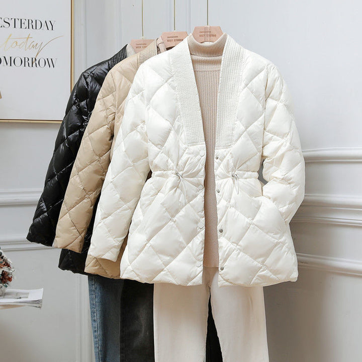 Rhombus Cotton-padded Jacket Women's Mid-length Large V-neck Jacket - cas7m