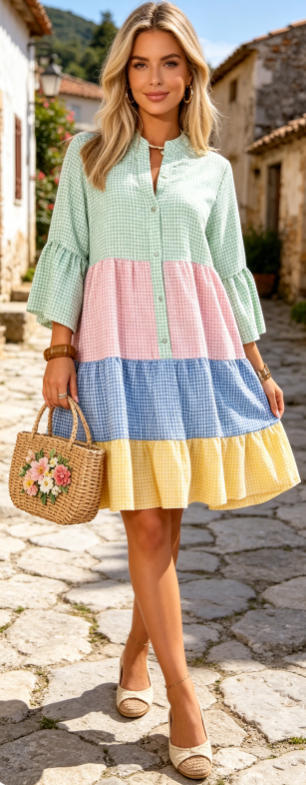 Color-block Plaid Patchwork Shirt Dress Loose-fitting With Flared Sleeves And A Tiered Cake Skirt - cas7m