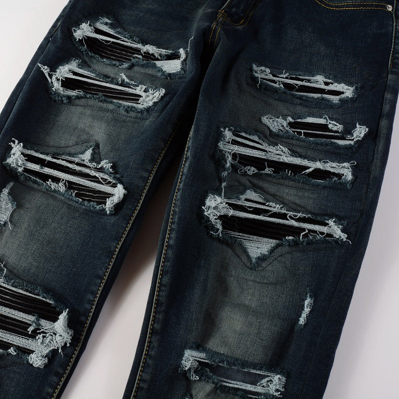 High Street Blue Ripped Leather Patchwork Men's Jeans - cas7m