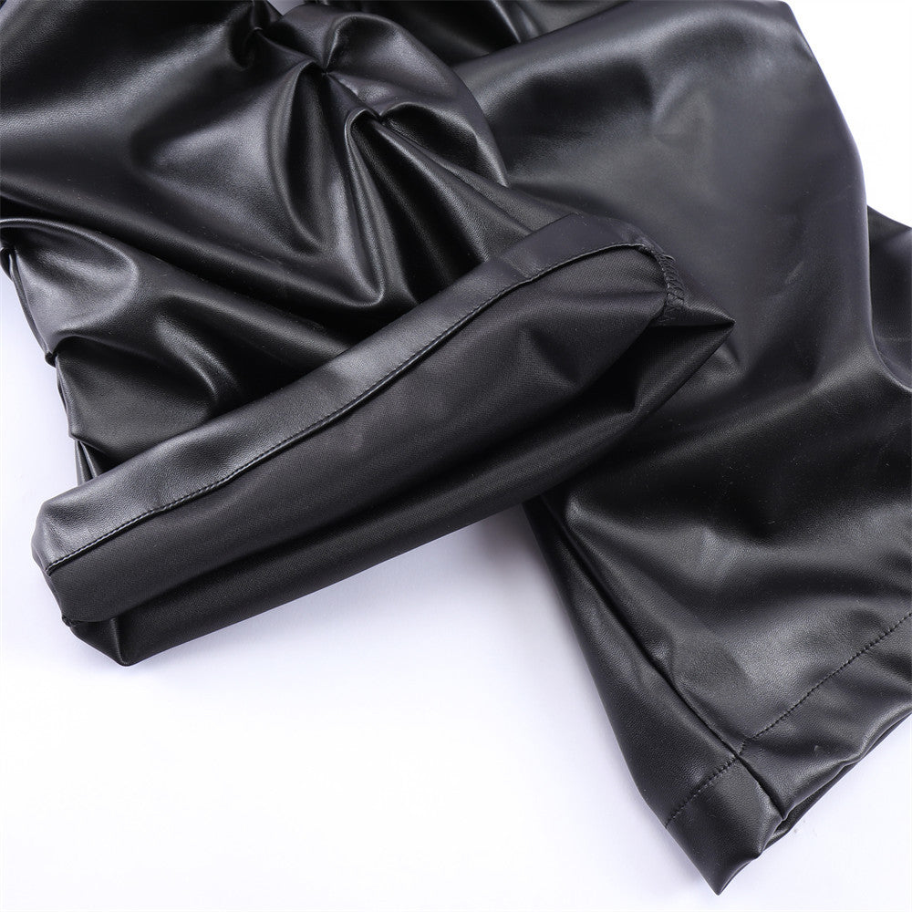 Men's Loose Casual Shiny Wrinkled Leather Pants - cas7m