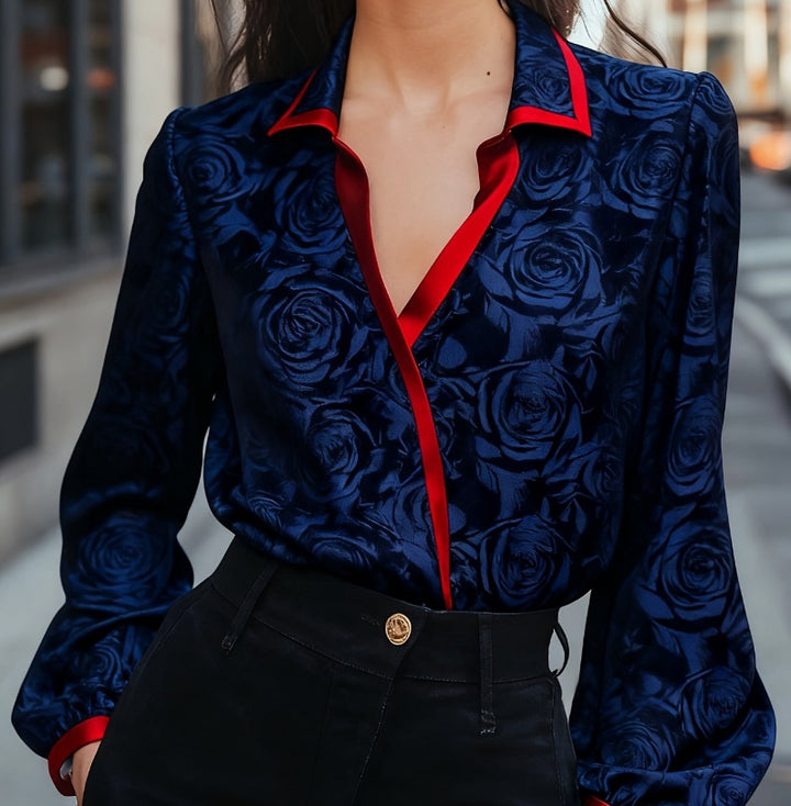 Urban Light Luxury Style Red-Edged Color-Block Puff Sleeve Shirt For Women - cas7m