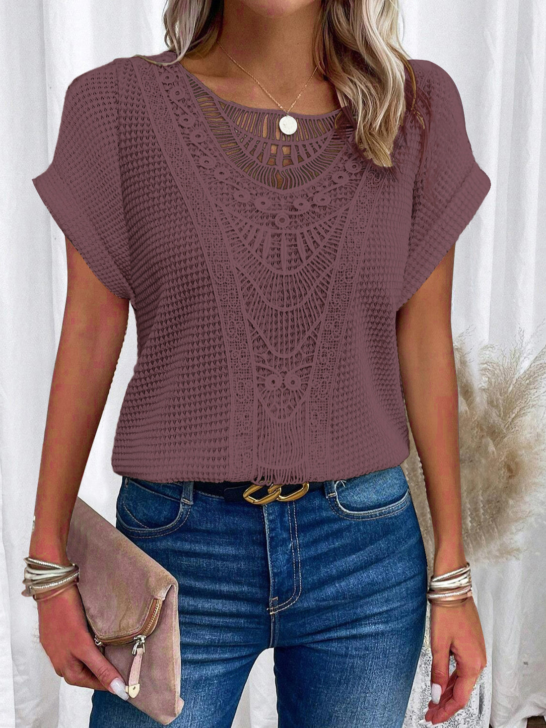 Independent Site Hollowed Lace Patchwork Plus-size Short-sleeve T-shirt Cross-border - cas7m
