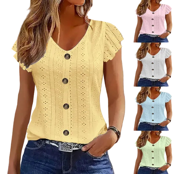 Solid Color Jacquard V-neck Buttons Long Sleeve T-shirt - cas7m